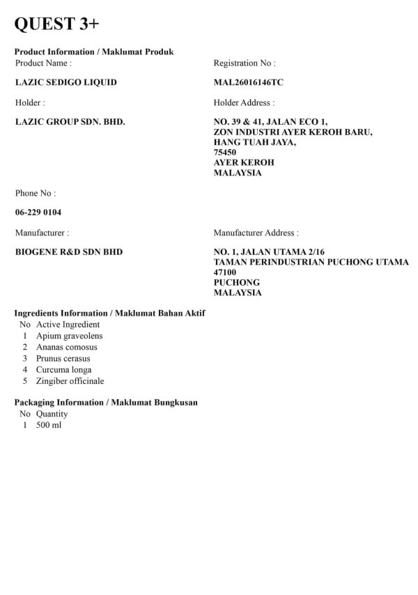 Rekod QUEST3+ NPRA untuk SendiGo, MAL26016146TC