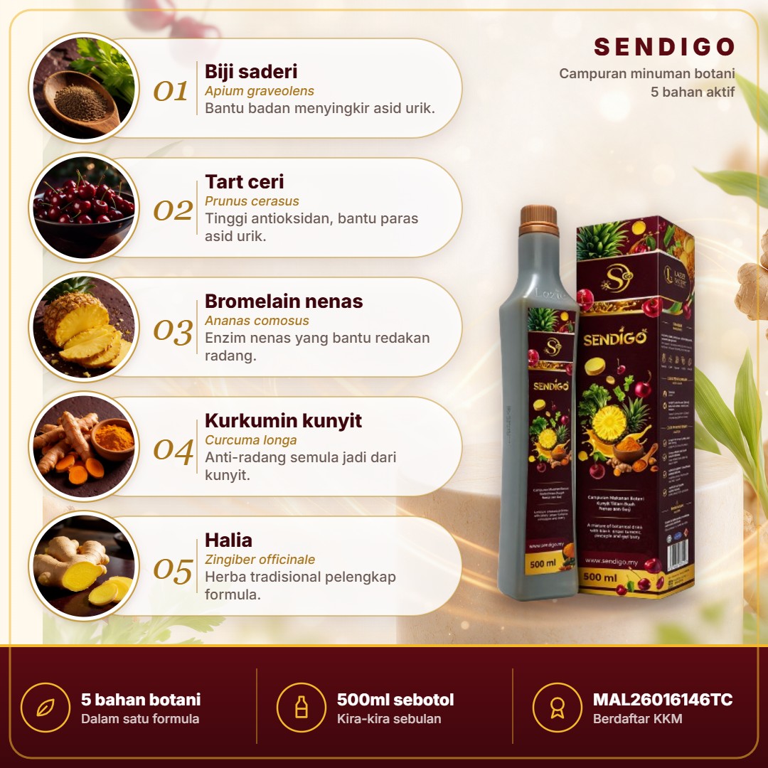 Lima bahan SendiGo: biji saderi, tart ceri, bromelain nenas, kurkumin kunyit dan halia