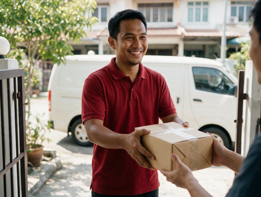 Kurier menyerahkan bungkusan kepada pelanggan di pagar rumah