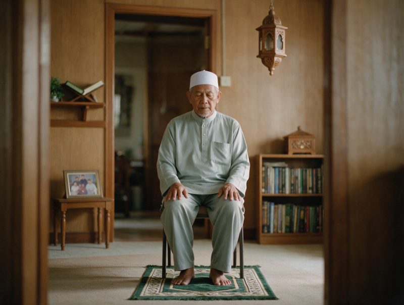Lelaki solat sambil duduk di atas kerusi