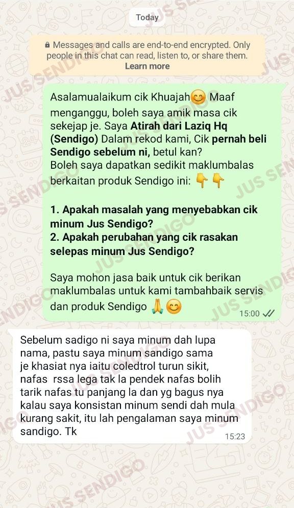 Screenshot WhatsApp testimoni Jus Sendigo daripada Khuajah Mohammad Yacob