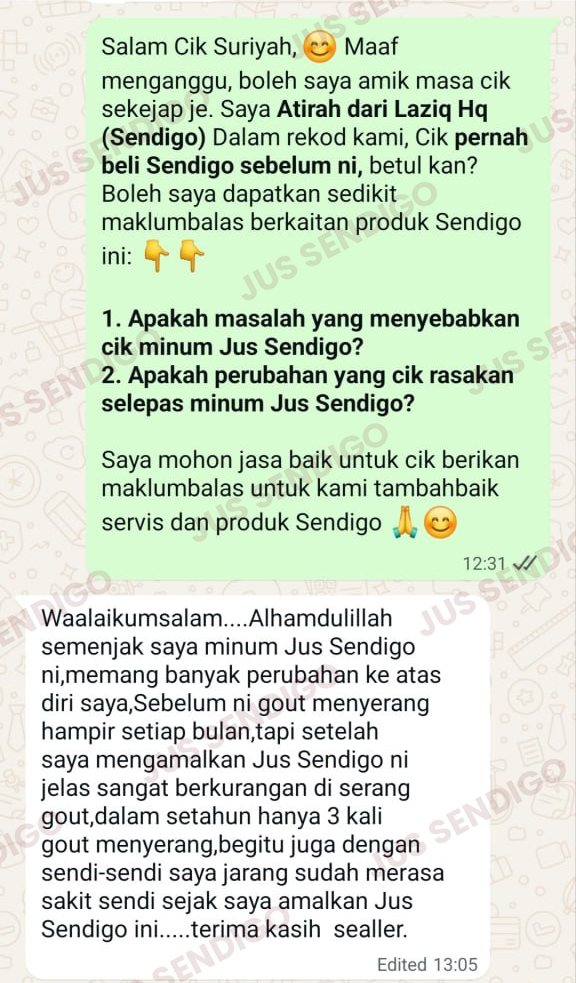 Screenshot WhatsApp testimoni Jus Sendigo daripada Suriyah Binti Jinin