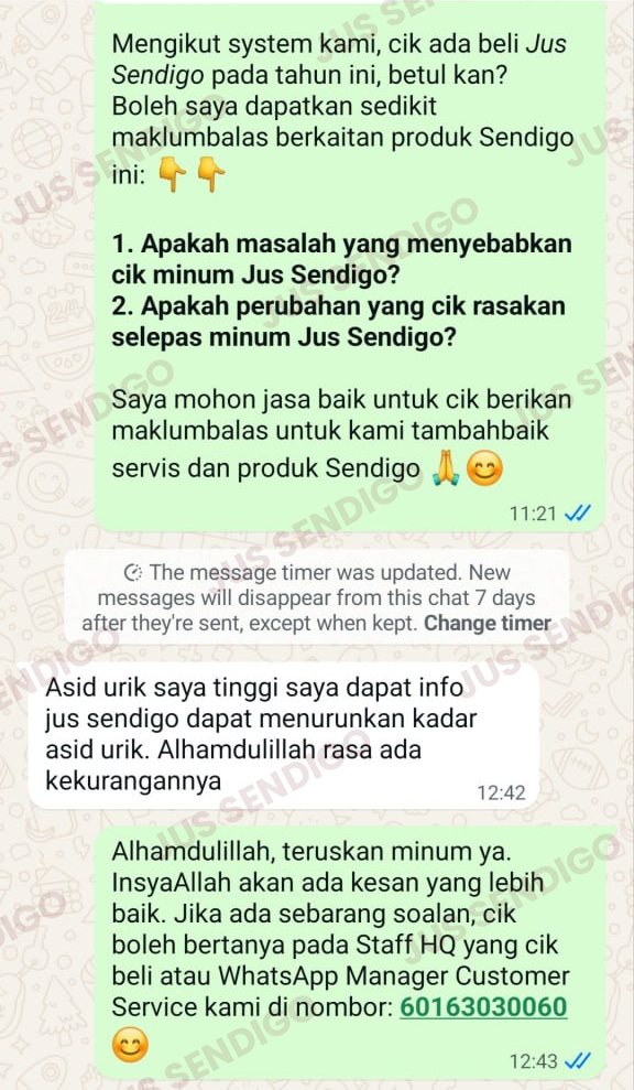 Screenshot WhatsApp testimoni Jus Sendigo daripada Muhammad Zuhdi Bin Sirin