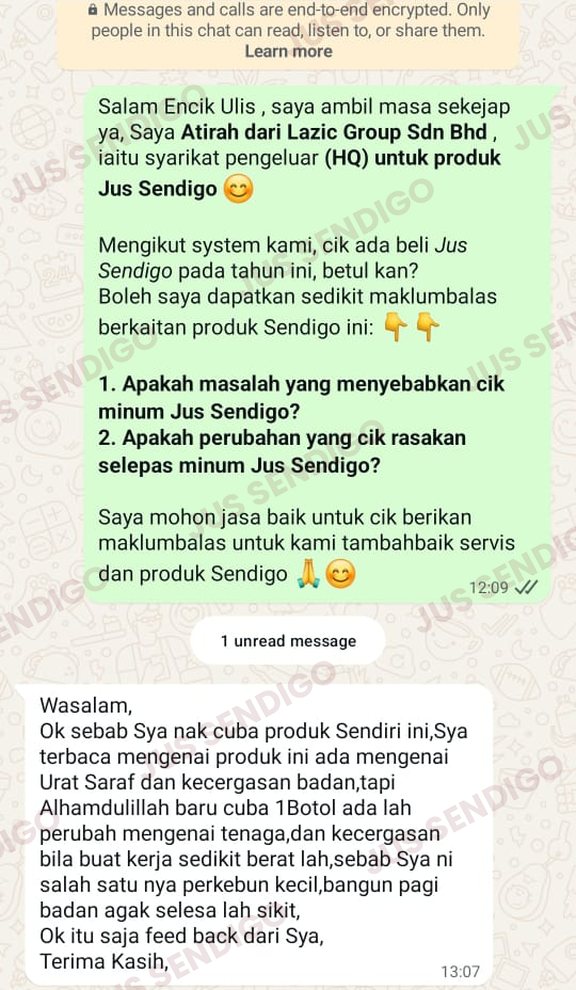 Screenshot WhatsApp testimoni Jus Sendigo daripada Ulis Bin Peri